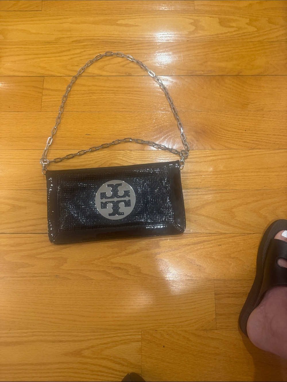 Tory Burch Black Patent Leather Chain Wristlet with Logo Medallion